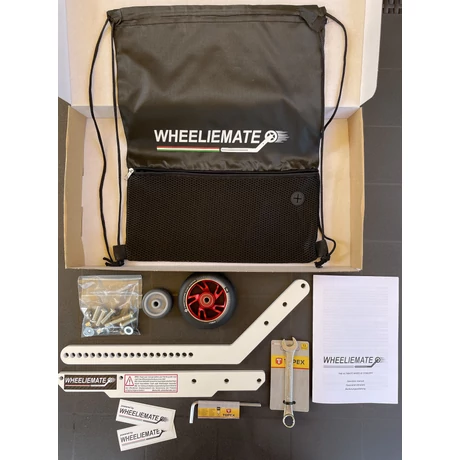 The box includes the wheeliemate bracket, lever, wheel, castor, screws, tools, backpack